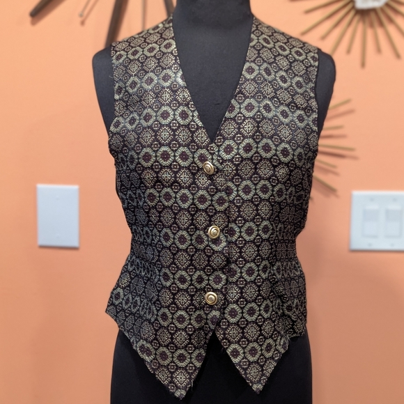 Vintage 90s Whimsigoth Patterned Button-Up Vest Satin Medium Gloria Lance Boho - Picture 2 of 12